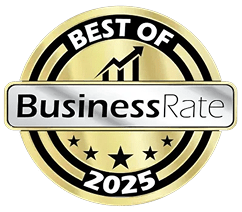 Best of BusinessRate 2025 Award Seal, Gold Mountain Trophy Emblem